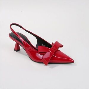 Calliope Red Patent Pointed Slingback Pumps with Bow Accent